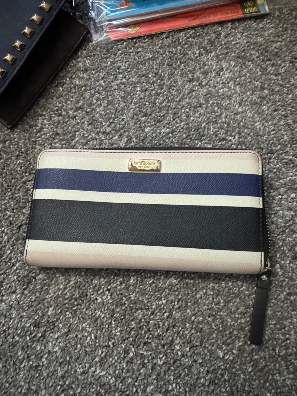 kate spade Striped Zip-Around Wallet in Navy, Black, Cream